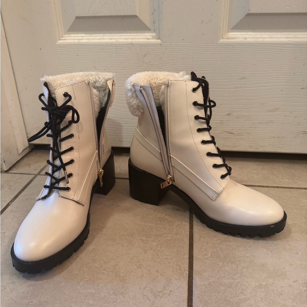 Coach Beige Heeled Boots with Suede Finish and Padded Collar